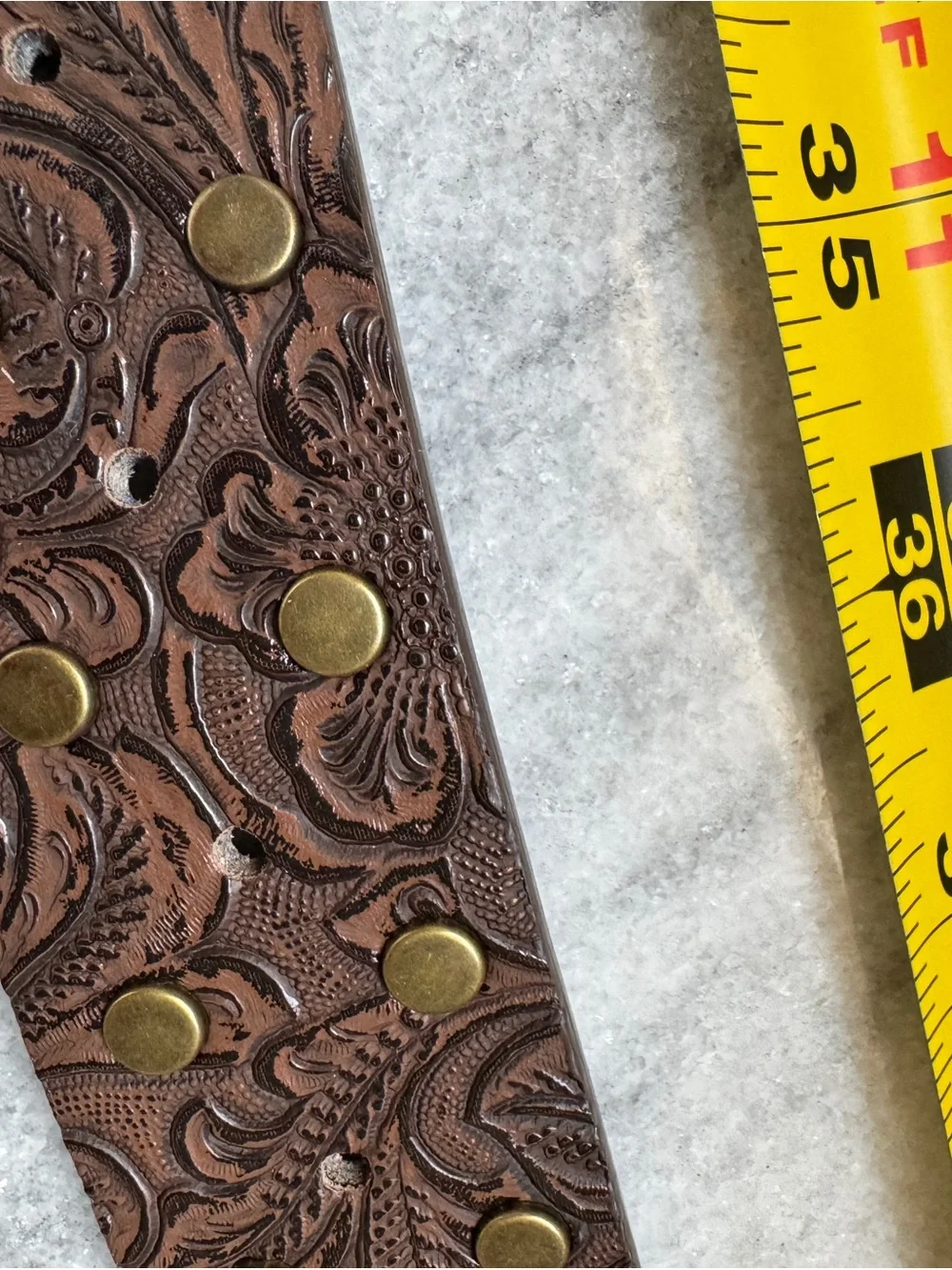 Western Tooled Brown Belt with Brass and Turquoise Buckle Accents